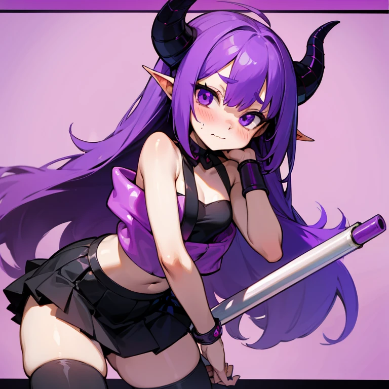 Young succubus. skirt. Horns. No wings. Shy. Blush. age. Purple hair. Tube top