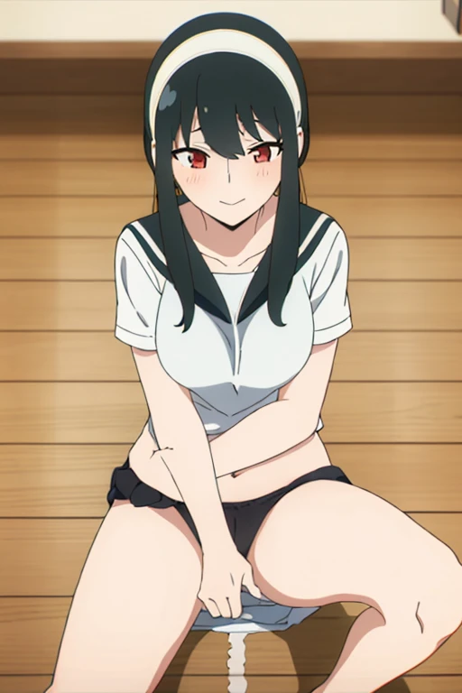 (masterpiece, highest quality: 1.2), alone, 1 girl, alone, panties，，black，Squirting，紐panties，Sailor suit，your heather, smile, Mouth closed, View audience, Long black hair, head band, Earrings, Big Breasts, Medium Waist, Medium Hips, wide thighs, Embarrassing, charm, smiling with her Mouth closed, Good move....., Excellent anatomy,panties，Browsing Caution，classroom，，Sailor suit，,(((pantiesの中に手を入れて))), (( Masturbating by touching the vagina with your fingers)), love juice spilling on the floor, liquid splashing from girl&#39;Between the legs，whole body，Browsing Caution，Sitting at a desk，love juice spilling on the floor, liquid splashing from girl&#39;Between the legs，