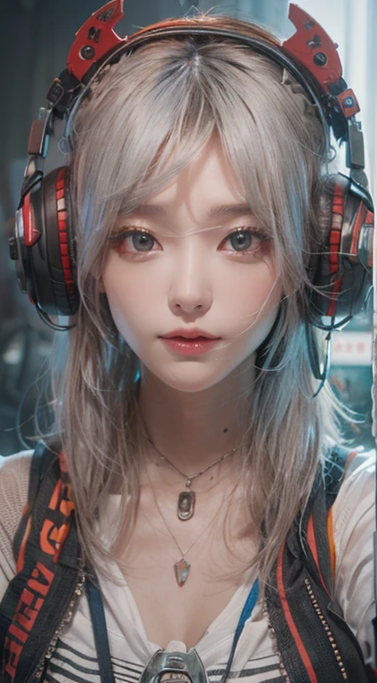 masterpiece, 1 beautiful girl, Detailed eyes, Swollen eyes, highest quality, 超A high resolution, (reality: 1.4), Cinema lighting, Japanese, Asian Beauties, Very very beautiful, Beautiful skins, Slender, Forward-facing body, (超reality的な), (High resolution), (8k), (Very detailed), ( Best illustrations), (Beautiful and detailed eyes), (Ultra-detailed), Detailed face, Bright lighting, Professional Lighting、The background is a cyberpunk room with many monitors、The cord is connected to the costume.、Her hair color is red、Put the headset on your head、Small tattoo on face、Female game commentator