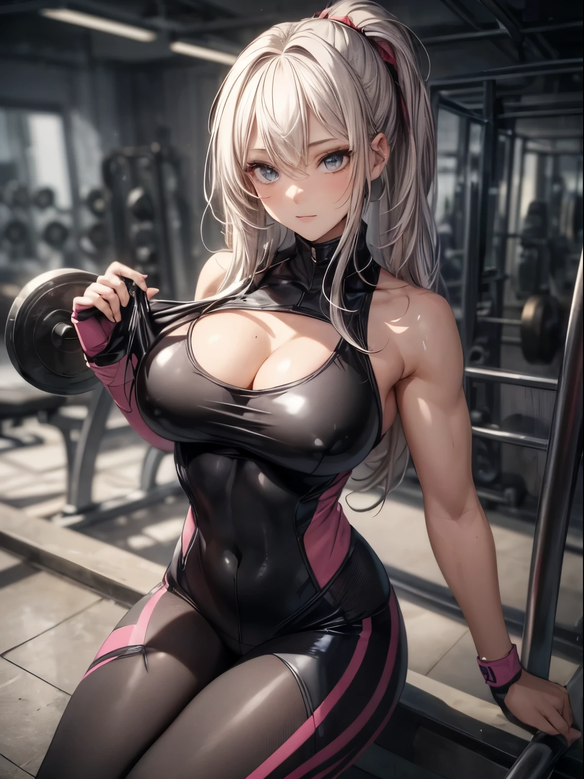 skin completely covered by clothing, high detail, Full body, wearing (tight shirt:1.2), beautiful detailed face, hazel eyes, (attractive fitness woman:1.3), (seductive:1.1), (blushing:1.1), hourglass body shape, complete shiny aerobic black and red latex bodysuit, big round breasts