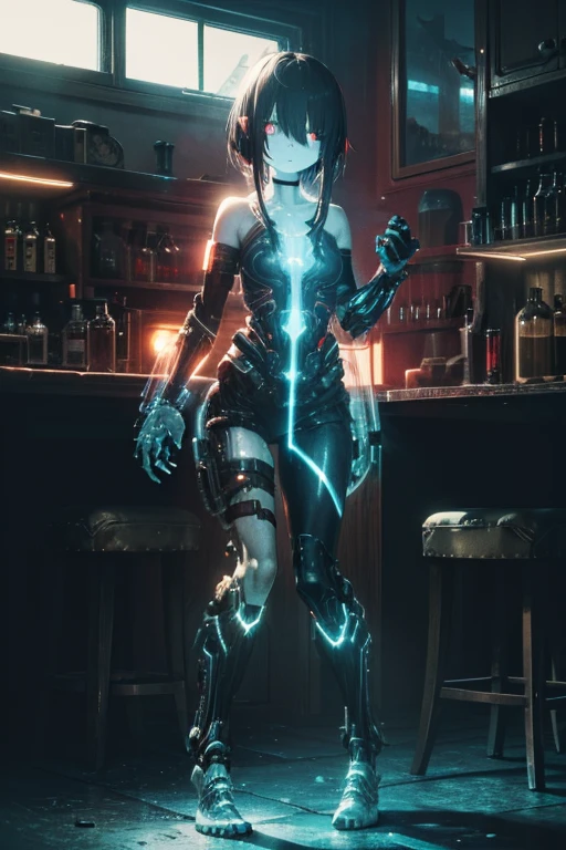 (BioPunk Girl:1.4), short mullet hairstyle, (Glowing scarlet eyes:1.1), (Translucent pale skin:1.4), No humans, Beautiful eyes with fine symmetry, bio body, (Intricate details:1.2), (Highly detailed face and eyes:1.2), (Super detailed skin quality feeling:1.4), No makeup, (dark circles:1.1), long canines, midnight aura, dark fantasy, Thrilling color schemes, inside laboratory, dynamic photo, CG, full body, (Delicate images), (Highly detailed), (high resolution), (Best quality), (masterpiece)