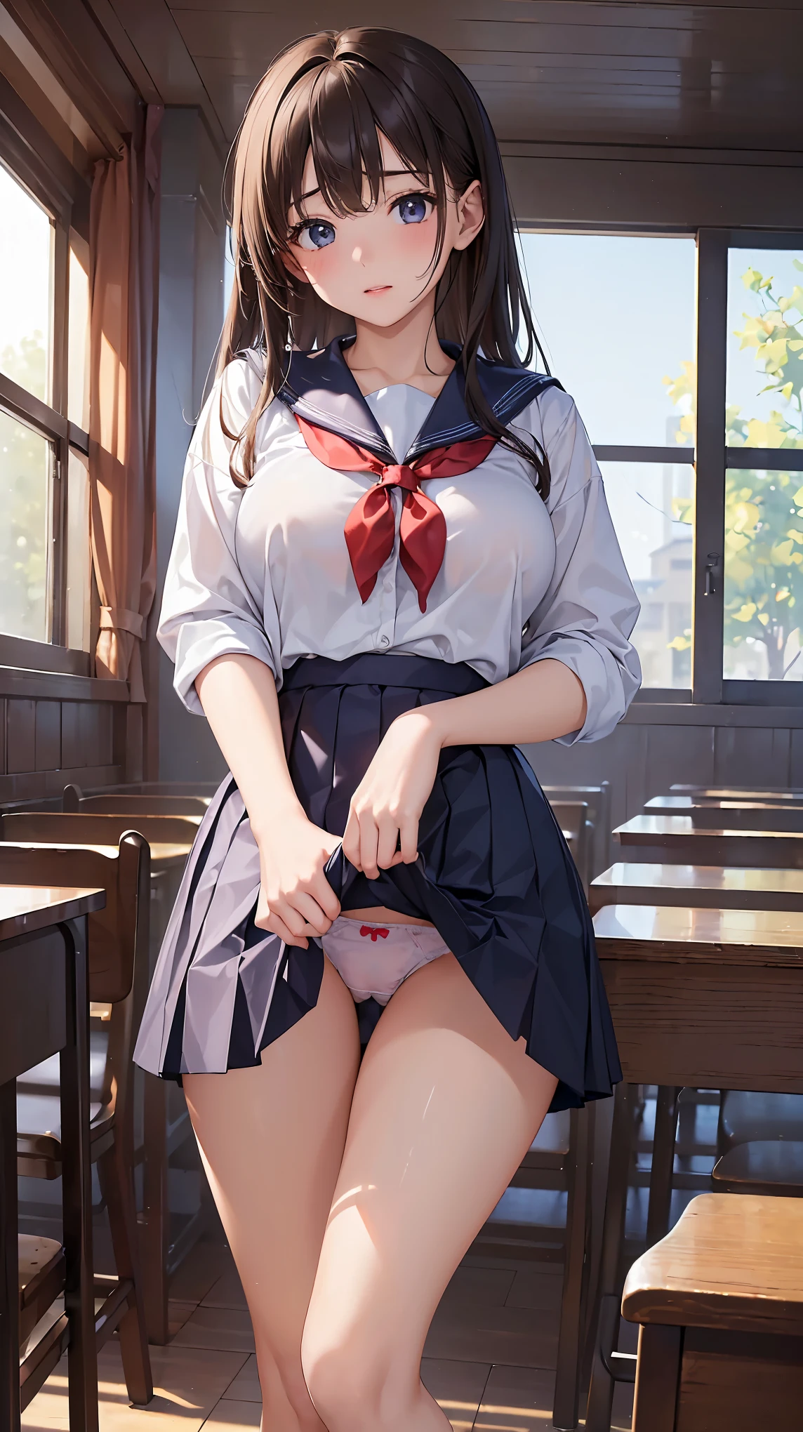 ((highest quality、High resolution、8k、masterpiece:1.3))、(((2girls))), Portrait、A beautiful woman、Perfect body、beautiful ample breasts、classroom、high school girl、Sailor suit、Embarrassed、((Lift up your skirt and show your panties))、I'm tempting you