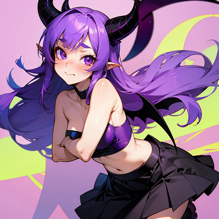 Young succubus. skirt. Horns. No wings. Shy. Blush. Teenage. Purple hair. Tube top