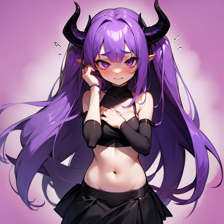 Young succubus. skirt. Horns. No wings. Shy. Blush. age. Purple hair. Tube top