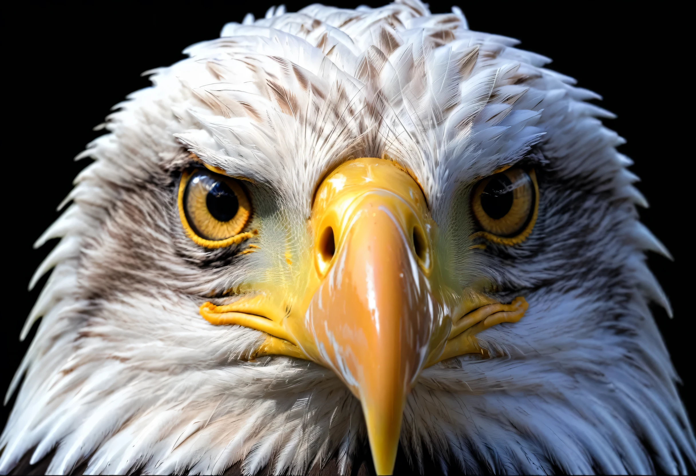 arafed eagle with yellow eyes and a black background, eagle head, head of an eagle, Intense expression 4k, beak of an eagle, with the beak of an eagle, Intense expression, eagle beak, an eagle, Portrait Shot, second eagle head, intense expression, Aggressive facial expression, Intimidating gaze, Stern predatory look, eagle, Frowning, Angry expression