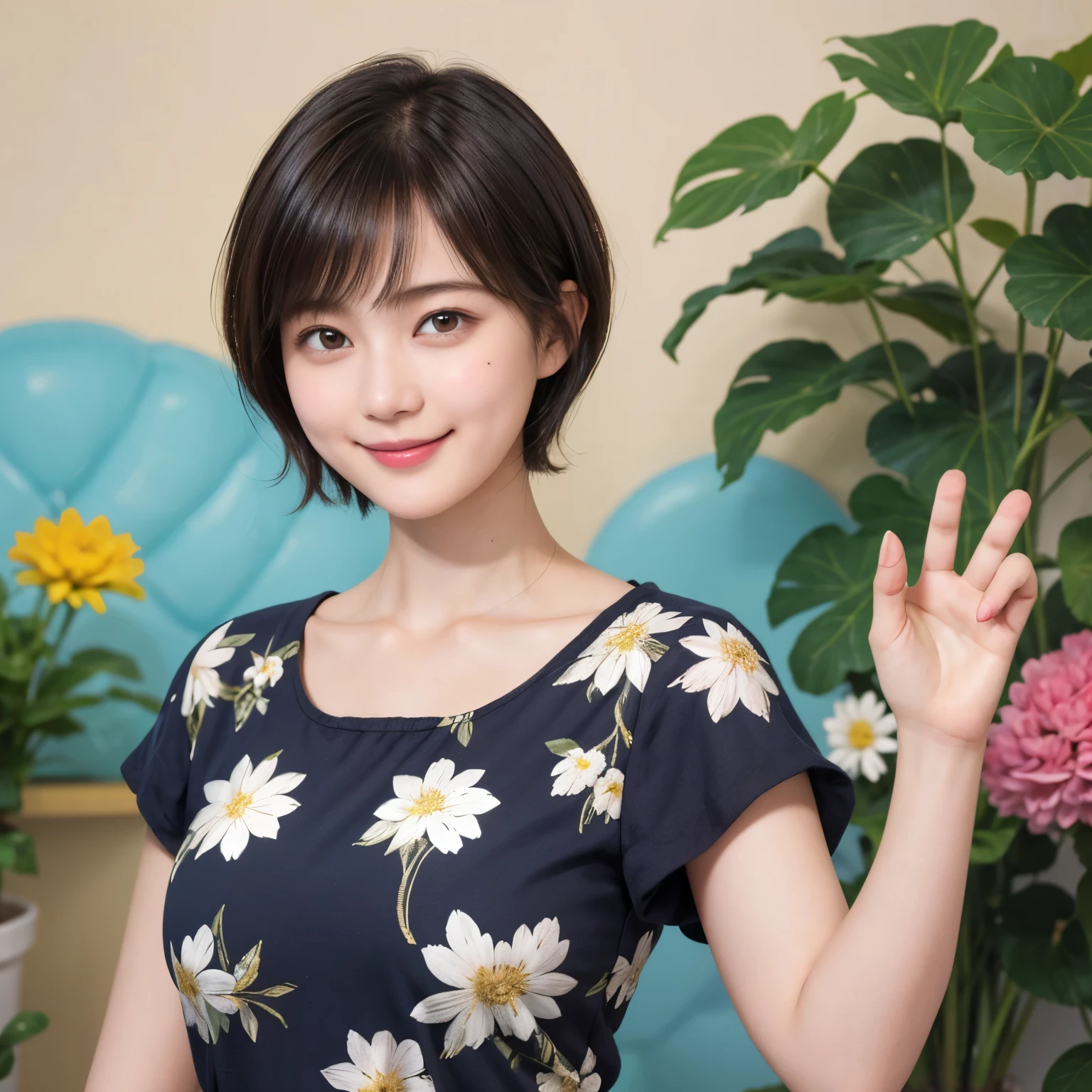 215 Short Hair, 20-year-old woman, A kind smile, Floral