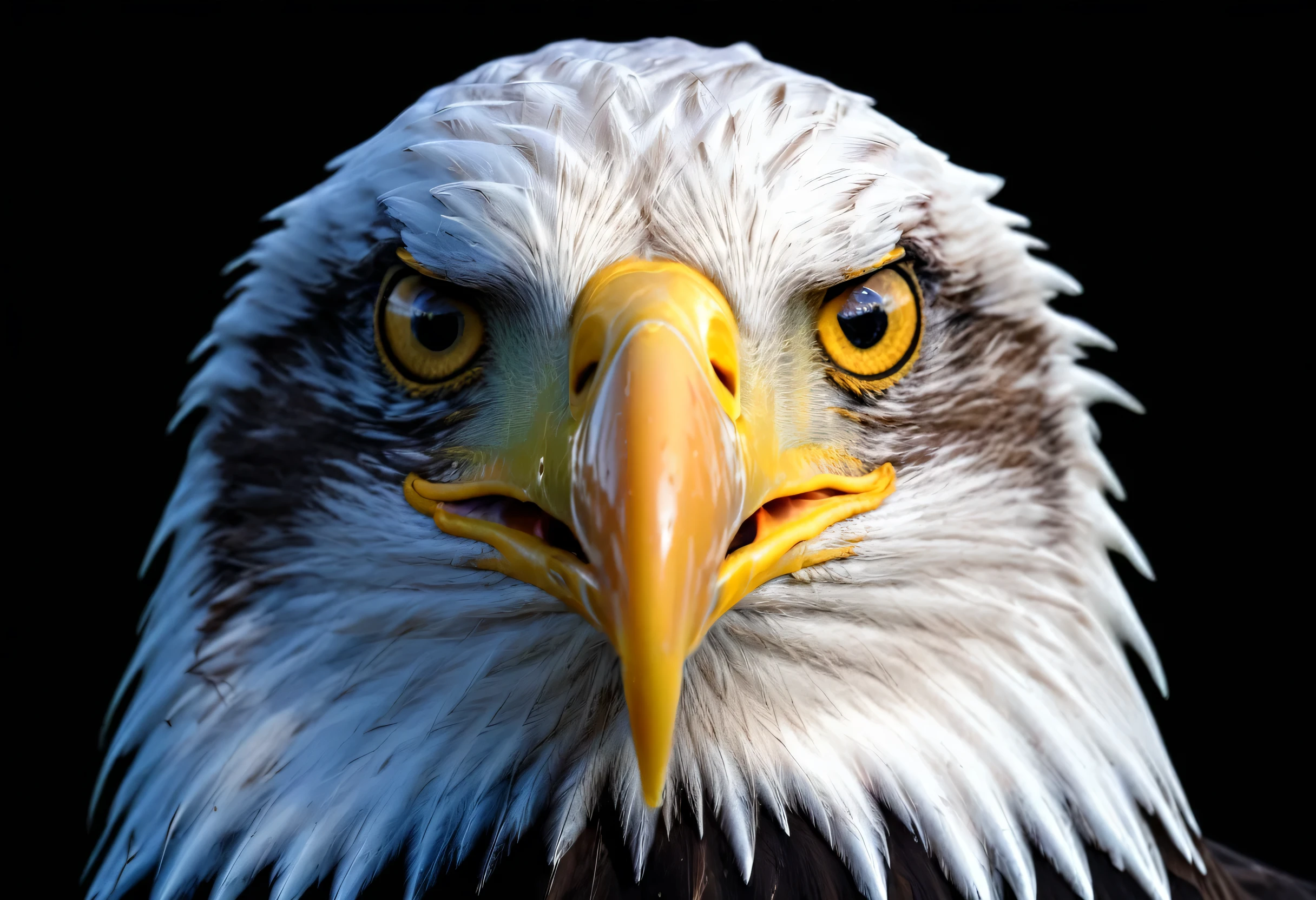 arafed eagle with yellow eyes and a black background, eagle head, head of an eagle, Intense expression 4k, beak of an eagle, with the beak of an eagle, Intense expression, eagle beak, an eagle, Portrait Shot, second eagle head, intense expression, Aggressive facial expression, Intimidating gaze, Stern predatory look, eagle, Frowning, Angry expression