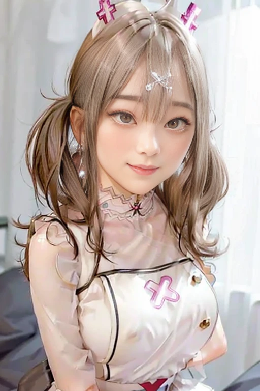 (Light Beige Turtleneck Sleeveless Knit、pencil skirts、knee high stockings)、20 year old girl, breasts of medium size,, Puffy nipple、brown haired、Long Wave Hair、hotels room、(Sleeping on the bed)、((Pleasant look、Open your mouth a little))、a necklace、Earring、 (Very detailed), Shy smile、(Kamimei)、(Perfectly detailed face)、full body seen、(Hide your chest with your hands)