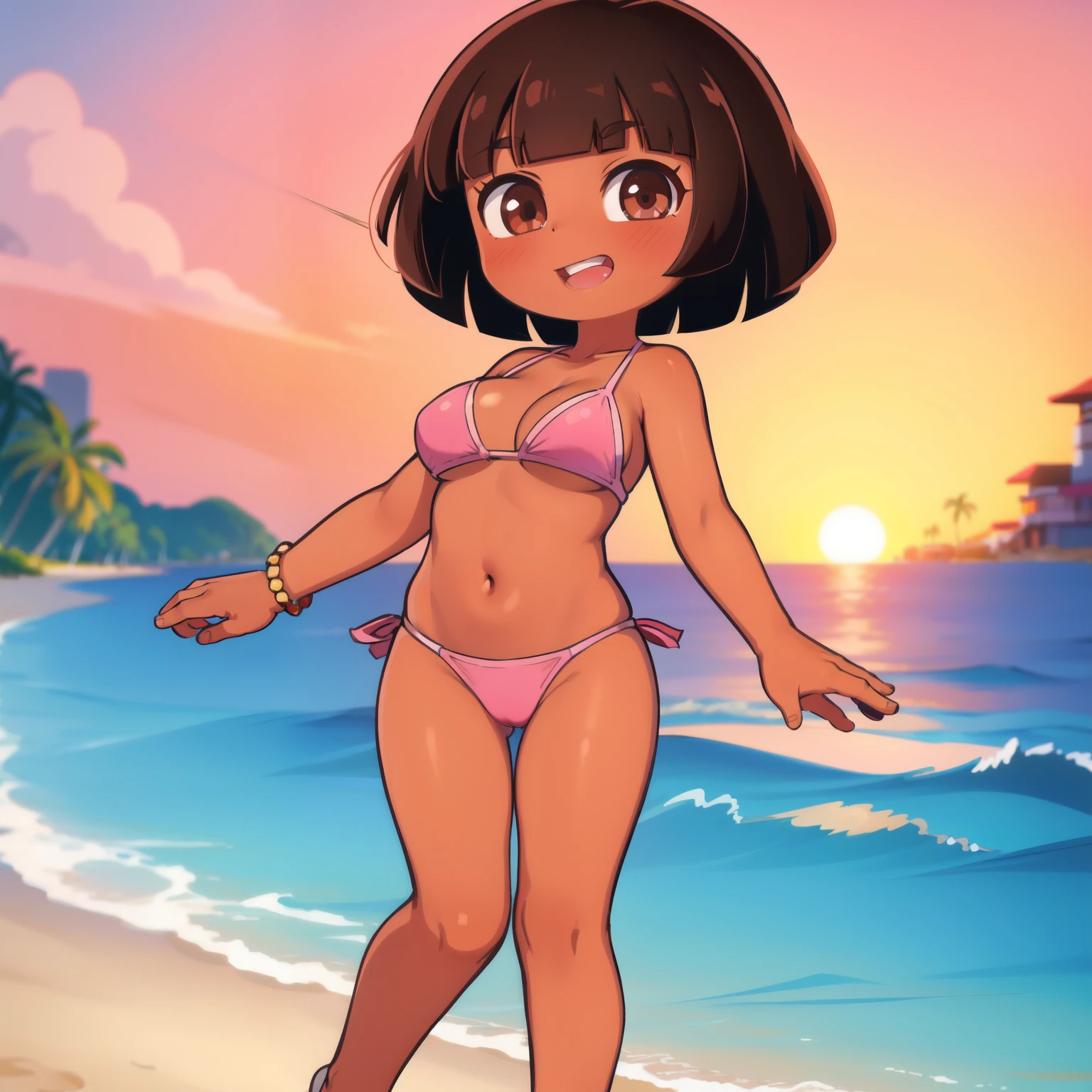 ((masterpiece, best quality)), full body, (solo 0.6), 1 girl, Dora, bracelet, (dark skin 0.6), dark brown hair, short hair, brown eyes, sunset, beach, pink bikini, dynamic pose, large breasts, grinning, sexy,