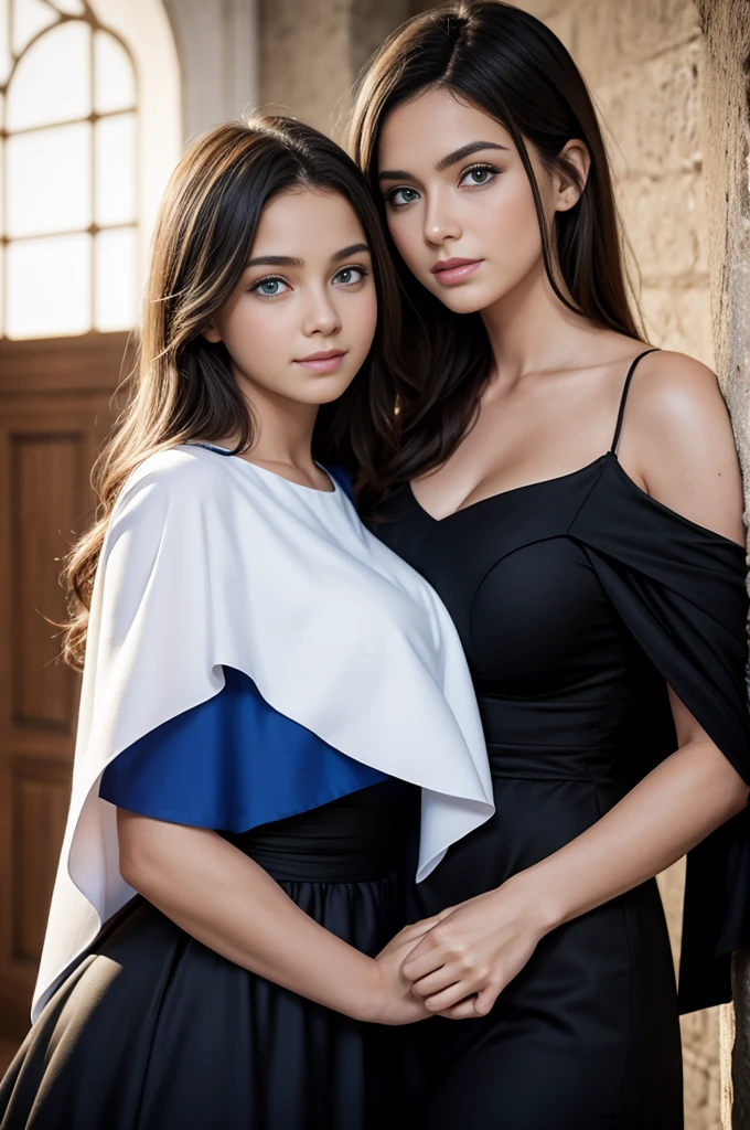 mother and daughter, 30,, perfect face, detailed face, blue eyes, europeans, curvys, casual, detailed face, sexy, curvy, tall, white and black, dress with cape