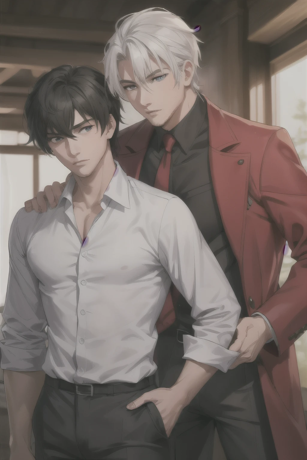 ((Best quality)), ((masterpiece)), (detailed), perfect face, a black-haired man with blue eyes stands and is sad, a man with white hair and red eyes stands nearby and has fun. two men. (men only) (handsome men). both have bangs