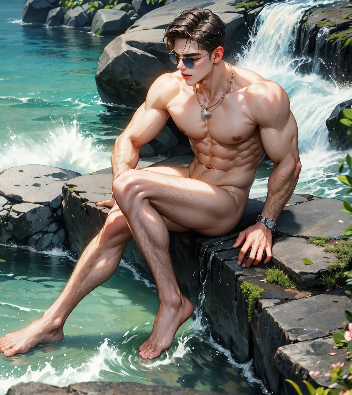 HD quality, high definition, couple sex, male 18 years old handsome, muscular and slim, red lips, leaning against the rock naked with exposed penis crotch, handcuffed, side view, model with bracelets, earrings and Necklace, wearing open beach polo, with sunglasses, fully nude and naked body, eyebrowse angry, wearing shoes, sexy and seductive, pleasure sex, in the waterfalls, 