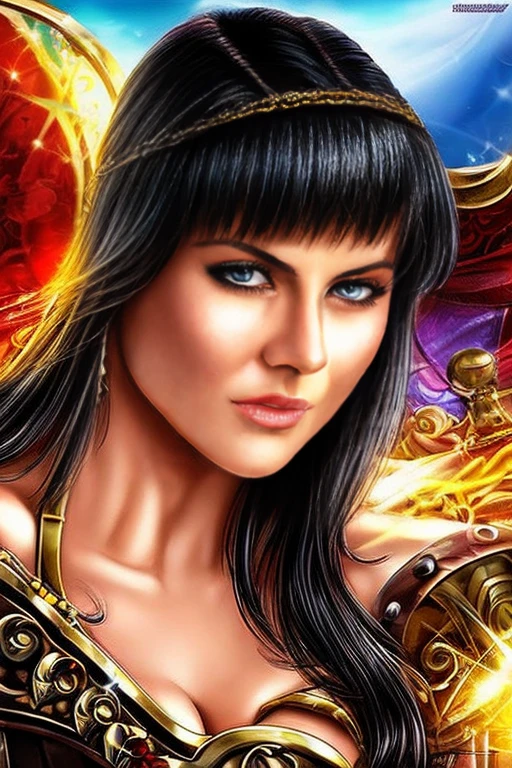 score_9, score_8_up, score_7_up, score_6_up, score_5_up, 1girl, Lucy Lawless, Xena: Warrior Princess, black hair, blue eyes, (insanely detailed, beautiful detailed face, masterpiece, best quality) 