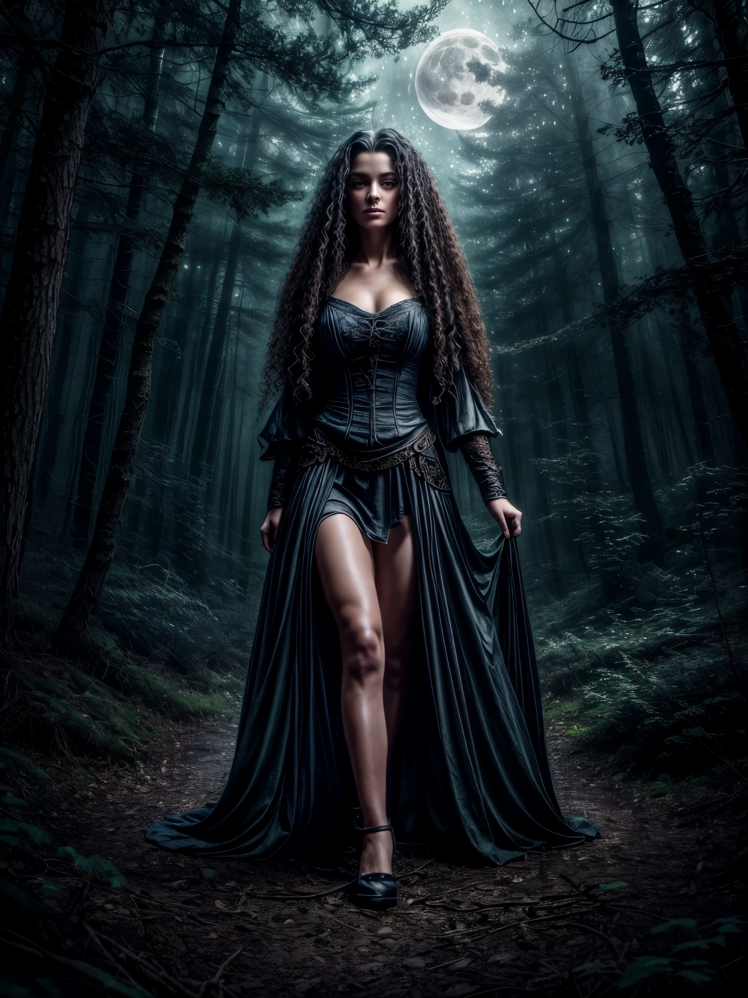 (best quality,4k,8k,highres,masterpiece:1.2),ultra-detailed,(realistic,photorealistic,photo-realistic:1.37),female witch,alchemy,exquisite face features,long curly hair,flowing robes,mystic expressions,magical atmosphere,ancient spell book,cauldron filled with bubbling potions,detailed magical symbols,moonlit night,glowing crystals,ethereal light,stunning landscape,thick forest,ominous sky,moonlight streaming through the branches,hauntingly beautiful,enchanted forest,mythical creatures lurking in the shadows,spellbinding colors