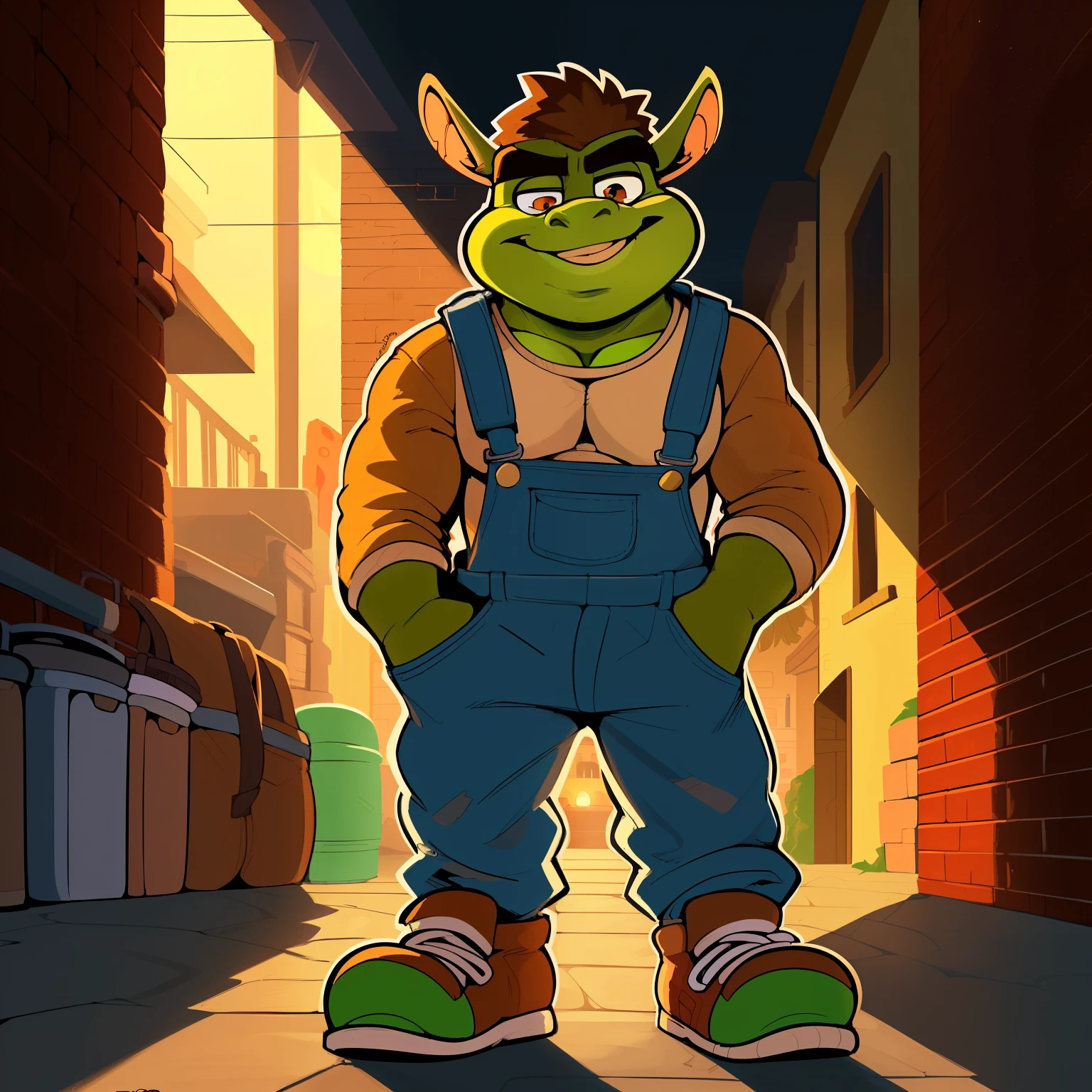 Solo, male, donkey, (shaggy fur, long ears), scruffy, Repartidor, wearing brown overalls, carrying a large backpack, holding a bag of Comida, (detailed lighting in a dimly lit alley), (half-shadowed face), (looking directly at the viewer with Shrek-like eyes), brown coat, orange waistband, sneakers, (smiling and offering a piece of Comida to the viewer).
Uploaded on e621, ((by Donkeykong123, by Shrekfan47, by cartoon_artist, by burro_lover, by donkey_master, by sh