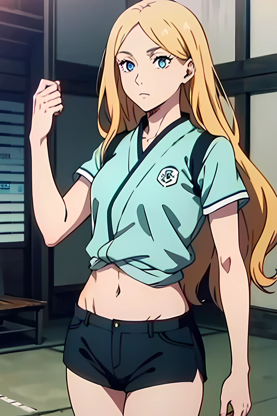 1woman with long wavy pale blonde hair, sky blue eyes, wearing top and shorts, small waist, form, attractive, high quality, super detailed, Jujutsu Kaisen screencap