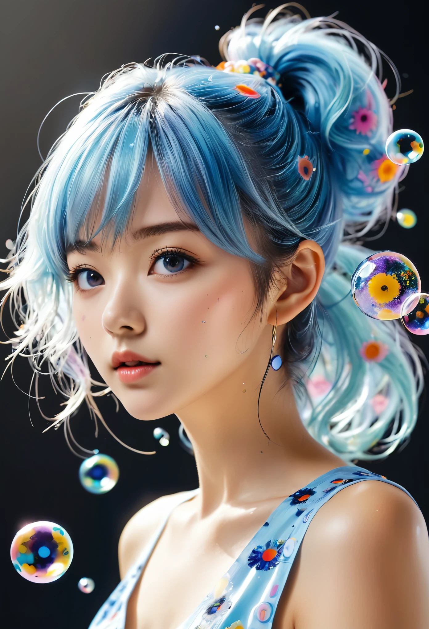 (masterpiece), (best quality), (ultra detailed),(disheveled hair),(illustration), (1girl), (Fashionable clothing), standing, Fashion model, looking at viewer, (interview), (simple background),beautiful detailed eyes, delicate beautiful face, Floating,(high saturation),(colorful splashes),colorful bubble,(shining), focus on face, ponytail, kamisato ayaka, light blue hair, bangs, hair ring, floating flowers, floating hairs, (shining), best lighting, best shadow,