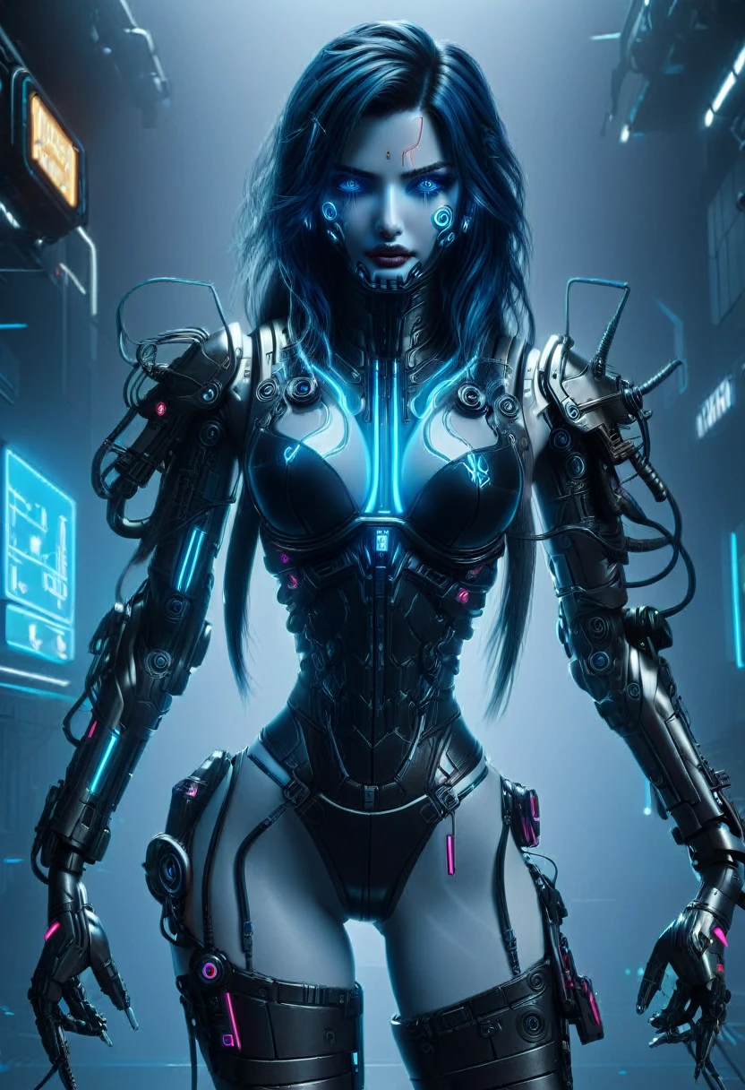 Hyper realistic photo Realism CG 8K mecha cyberpunk 2077, perfect face, thin curved eyebrows, eyeliner, dark eye shadow, vibrant lipstick, perfect makeup, long voluptuous wavy hair, Mecha cyborg arms, tattered croptop, slinder perky breast, short booty shorts, (butt crack:1.0), mecha cyborg legs, in the world of Cyberpunk 2077, neon blue sapphire eyes,