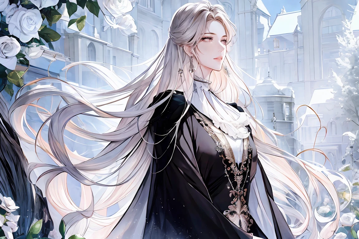 (((style shoujo))), (romance), 1fille, Cheveux blanc, Seulement, Percer les cheveux, fleur, Rose, cristalline, robe, tiare, white verte, gants, manches longues, foulard, mascara, se maquiller, elarc gants, arc, cheveux flottants, Bien, bijoux, regarder le spectateur, clavicule, manches bouffantes, Accessoires dorés, haut du corps, parted frange, very long hair, black robe, fioritures, frange, Closed mouth, en plein air, Detailed eyes, coupe dynamique,