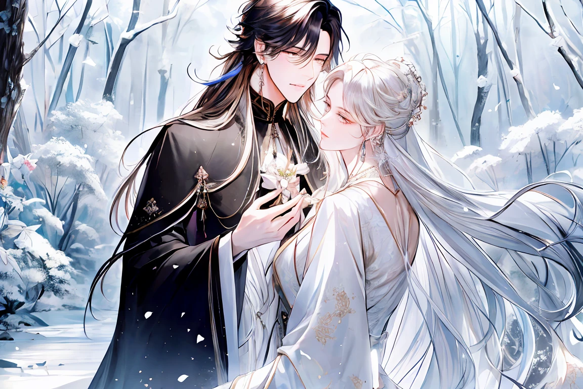 (((style shoujo))), (romance), 1fille, Cheveux blanc, Seulement, Percer les cheveux, fleur, Rose, cristalline, robe, tiare, white verte, gants, manches longues, foulard, mascara, se maquiller, elarc gants, arc, cheveux flottants, Bien, bijoux, regarder le spectateur, clavicule, manches bouffantes, Accessoires dorés, haut du corps, parted frange, very long hair, black robe, fioritures, frange, Closed mouth, en plein air, Detailed eyes, coupe dynamique,
