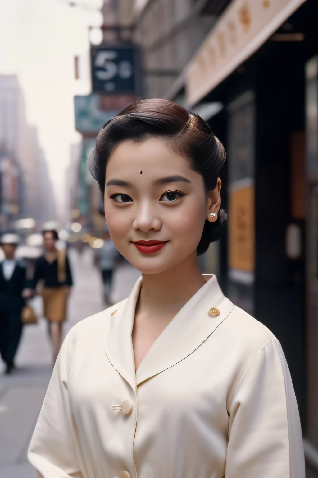 New York, 1952. A young ((((33-year-old)) Sayuri)), strikingly beautiful, delicate facial features, porcelain skin, expressive eyes, in the street, ((shy smile)), ((((clothings from the 1950s)))), ((hairstyle of the 1950s)), colorful