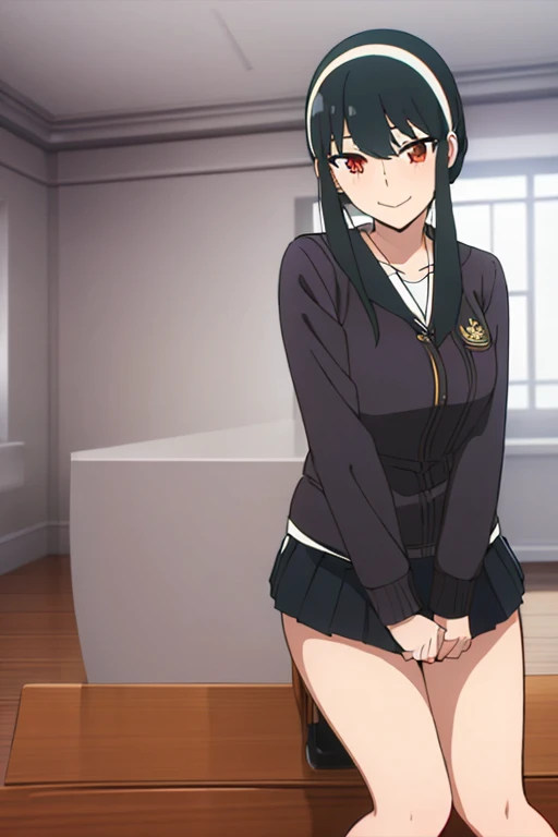 (masterpiece, highest quality: 1.2), alone, 1 girl, alone, panties，，black，Sailor suit，blazer，your heather, smile, Mouth closed, View audience, Long black hair, head band,  Earrings, Big Breasts, Medium Waist, Medium Hips, wide thighs, Embarrassing, charm, smiling with her Mouth closed, Good move..., Excellent anatomy,panties，classroom，，Sailor suit，blazer，skirt， Place your hands on your knees、((白いpantiesが見えています:1.3))、(Crouching panty shot)，(((Dynamic pose)))、((Bend your knees and sit up straight))、sexy look、Low Angle、(((I can see the vagina:1.3)))