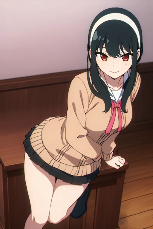 (masterpiece, highest quality: 1.2), alone, 1 girl, alone, panties，，black，Sailor suit，blazer，your heather, smile, Mouth closed, View audience, Long black hair, head band,  Earrings, Big Breasts, Medium Waist, Medium Hips, wide thighs, Embarrassing, charm, smiling with her Mouth closed, Good move..., Excellent anatomy,panties，classroom，，Sailor suit，blazer，skirt， Place your hands on your knees、((白いpantiesが見えています:1.3))、(Crouching panty shot)，(((Dynamic pose)))、((Bend your knees and sit up straight))、sexy look、Low Angle、(((I can see the vagina:1.3)))