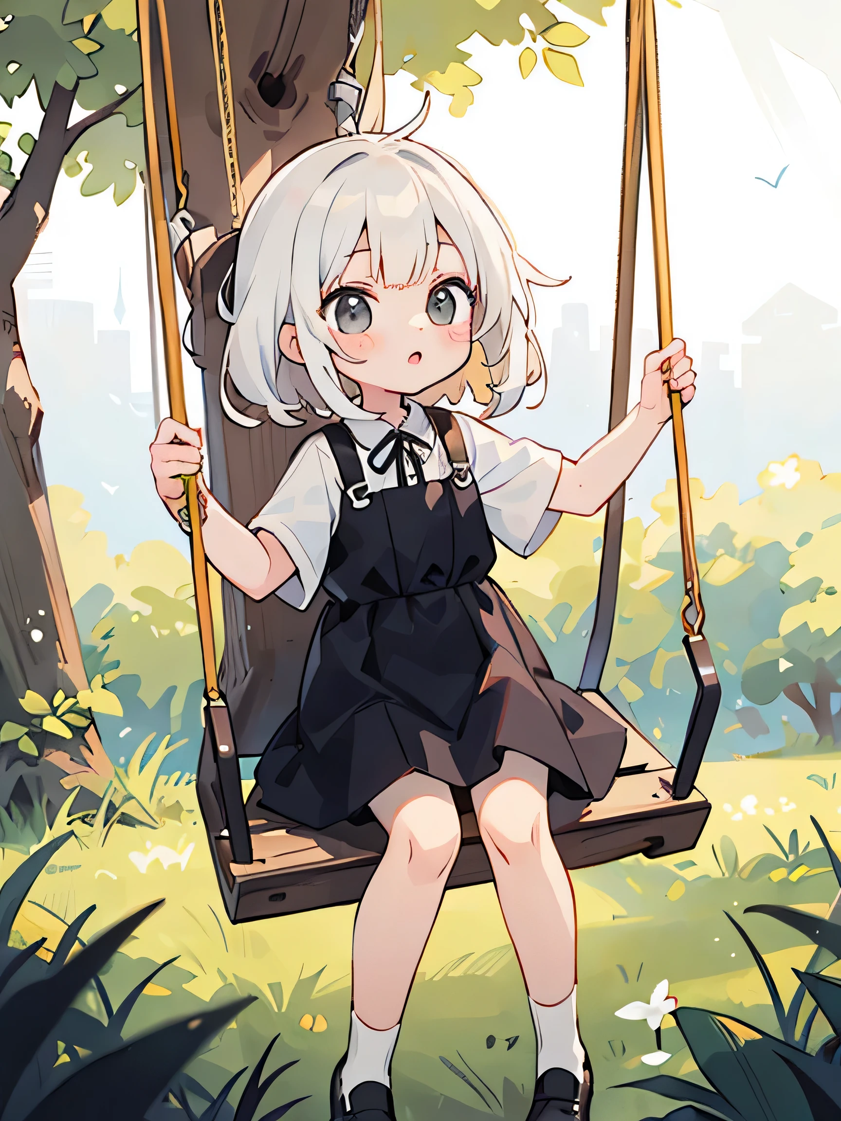 ((Black and white picture)) ((girl swings on a swing under a tree)) Kawaii Design, The Most Beautiful Girl in the World, chibi, White hair, a lot of details
