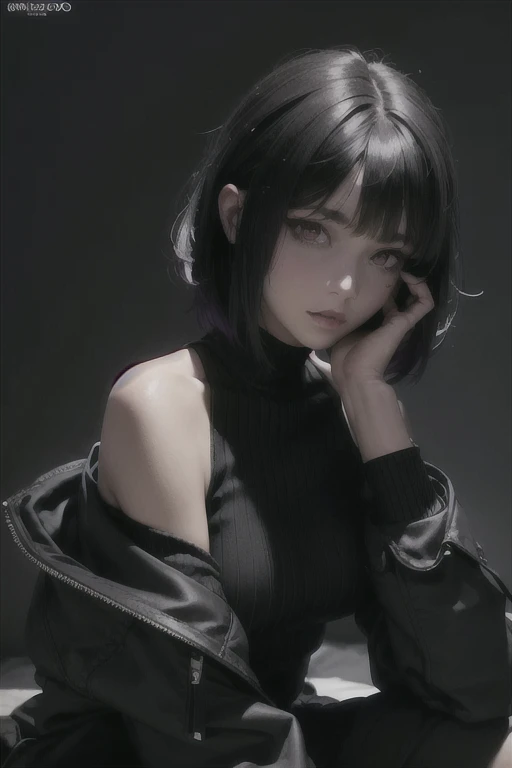 a 20 yo woman,brown-black hair,long hime cut hair,purple eyes,(hi-top fade:1.3), dark theme, soothing tones, muted colors, high contrast, (natural skin texture, semirealism, soft light, sharp), 4K, masterpiece,