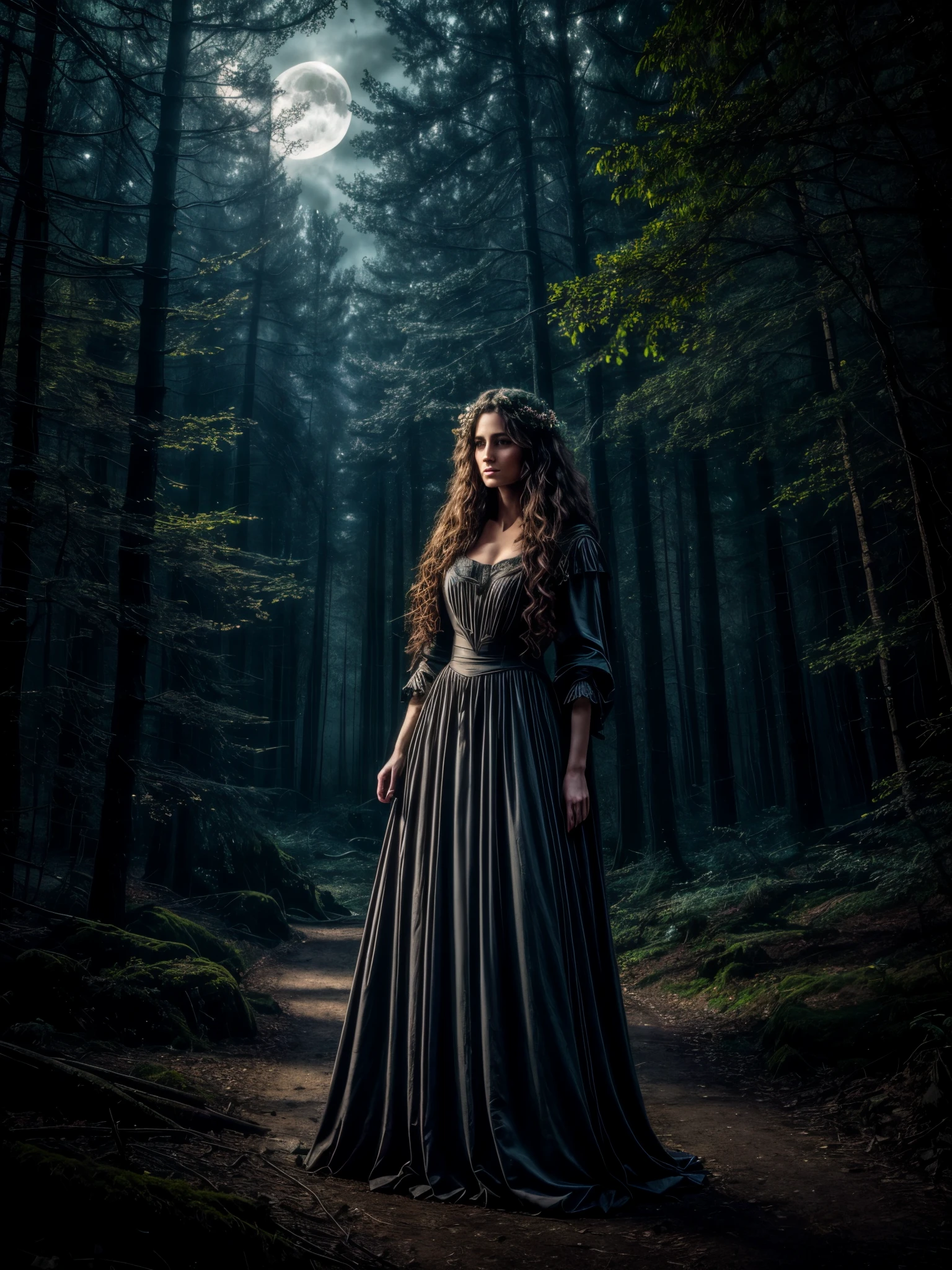 (best quality,4k,8k,highres,masterpiece:1.2),ultra-detailed,(realistic,photorealistic,photo-realistic:1.37),female witch,alchemy,exquisite face features,long curly hair,flowing robes,mystic expressions,magical atmosphere,ancient spell book,cauldron filled with bubbling potions,detailed magical symbols,moonlit night,glowing crystals,ethereal light,stunning landscape,thick forest,ominous sky,moonlight streaming through the branches,hauntingly beautiful,enchanted forest,mythical creatures lurking in the shadows,spellbinding colors