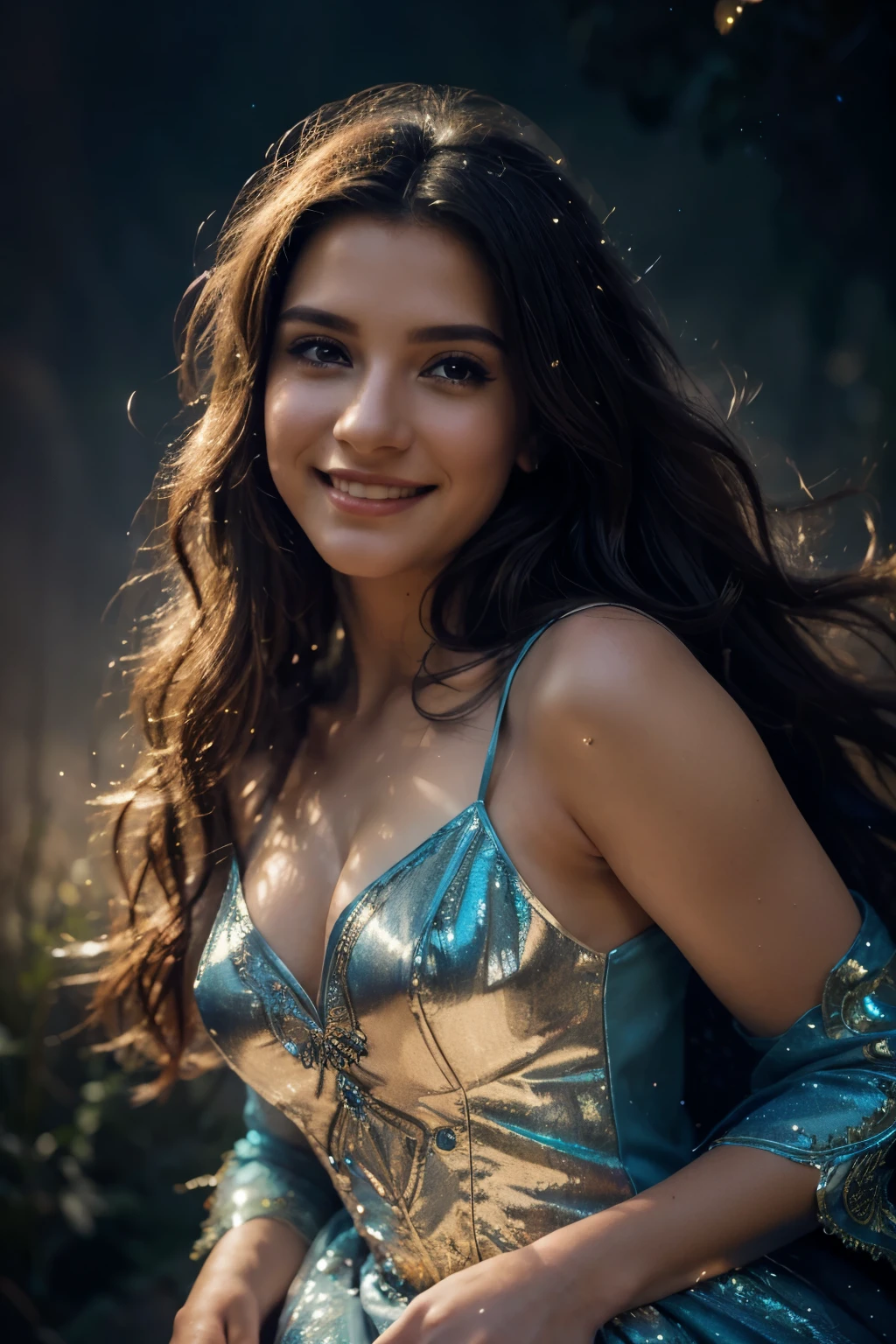 (best quality,ultra-detailed),portrait, vivid colors, fantasy, magical, dreamy lighting, ethereal atmosphere, flowing dress, sparkling stars, mystical powers, enchanting smile.