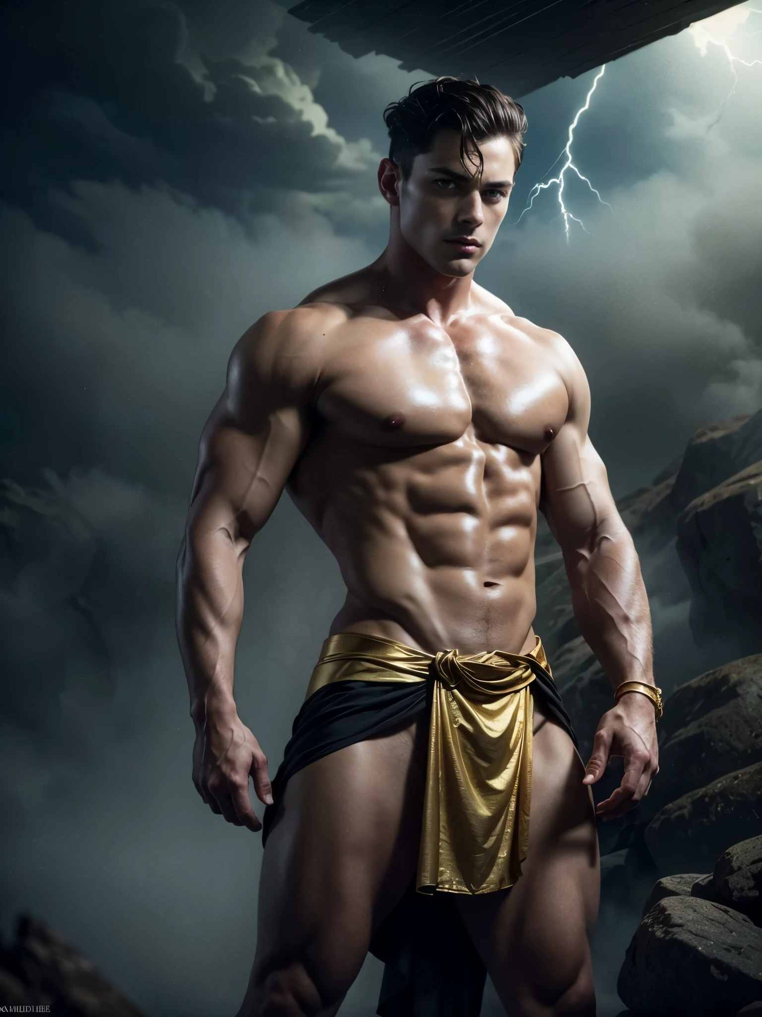 ((masterpiece)),((best quality)),8k, high detailed, ultra-detailed, Stylish Pose, real skin texture, dark cinematic lighting, 24 year-old Italian male model, barechested, shirtless, handsome italian, cute looking, divine look, powerful light blue eyes, Zeus god, god of thunder, Jupiter, godly, , bending electricity, displaying the ability to manipulate lightning, creating massive lightning, white pale skin, roman god physic, intense blue eyes, dry hair dry short brown messy hair, strong jawline, masculine, muscular, defined fit body, hairless chest, shirtless, pantless, open sea, sinister aesthetic, black storm clouds, arm bracelet, lightning, clouds, thunder, walking towards the camera, (isolated:1.4), in the wilderness, natural enviroment, (in the middle of nowhere:1.6), (tule fog:1.4), (in the middlea thick fog:1.3), night dark storm, barelegged, barechest, barefoot, antique linen spartan loincloth , white linen antique draped cloth skirt, golden chain in roman skirt,,,, dim light, dark atmosphere, cinematic lighting, Depth of field, award-winning photography, elegant, hyperrealistic, octane render, unreal, high definition, 8k resolution, highly detailed, 8k uhd, professional lighting, photon mapping, radiosity, physically-based rendering