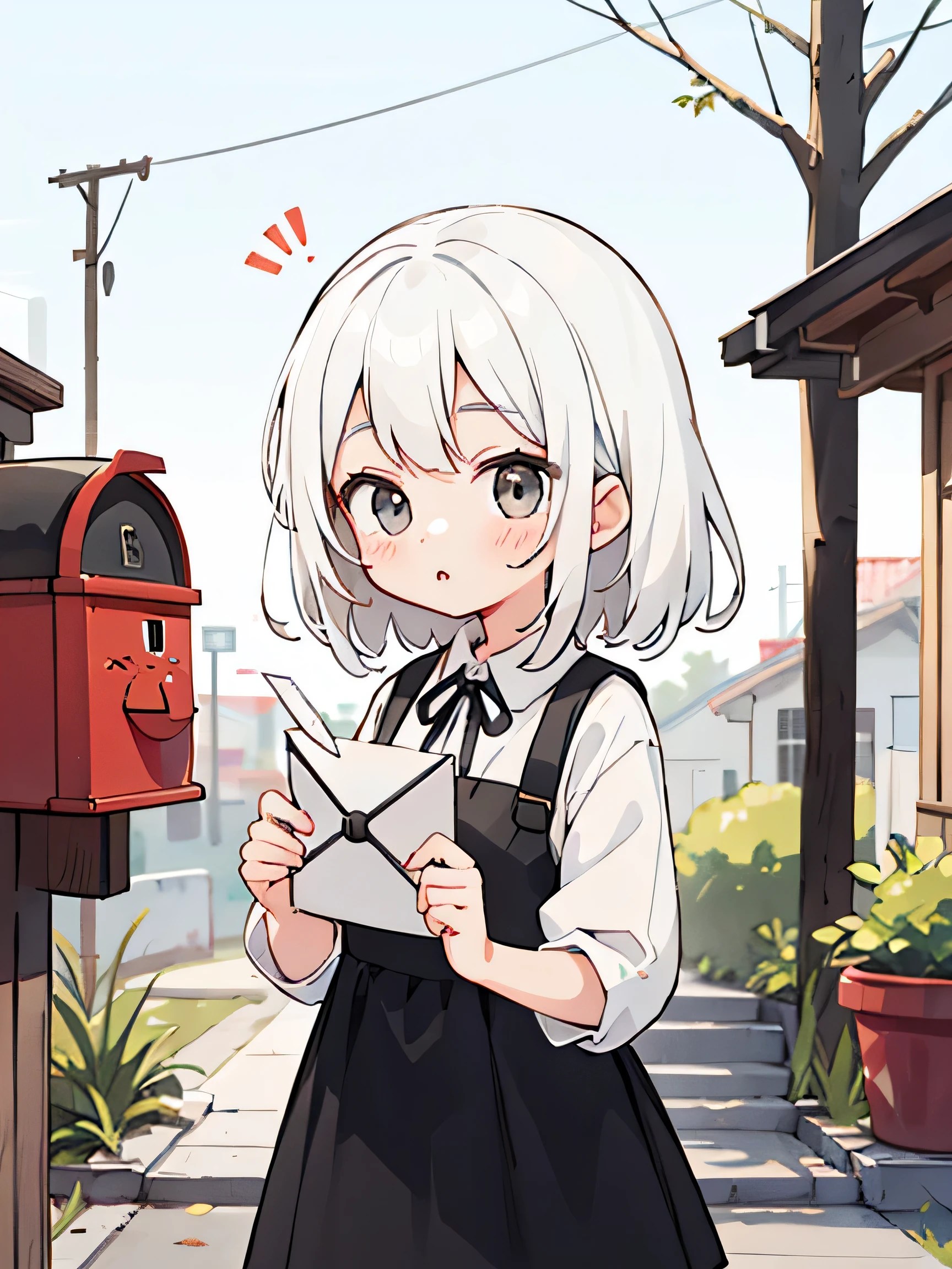 ((Black and white picture)) ((girl holding a letter in her hand near the mailbox)) Kawaii Design, The Most Beautiful Girl in the World, chibi, White hair, a lot of details