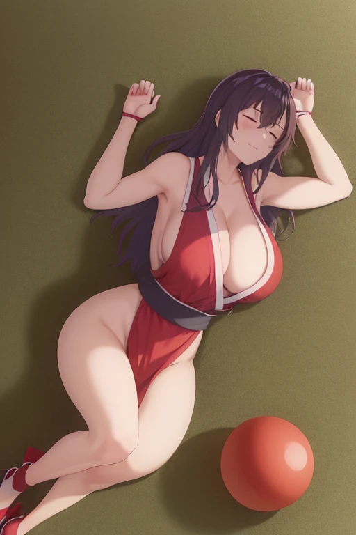 masterpiece, best quality, beautiful art, high resolution, well formed hands, body and fingers, 1 woman, solo, Sayuki Tokihara, adult, big breasted, cleavage, full body, cosplaying as Mai Shiranui, long hair , hair ornament, gorgeous legs and thighs, ryona , in peril, , defeated , knocked out, passed out, unconscious, closed eyes, laying down on the sand, exposed extended body, sexy defeated pose, sexy smirk on her face, showing vulnerability and helplessness, defeat and KO scene, martial arts tournament on the beach