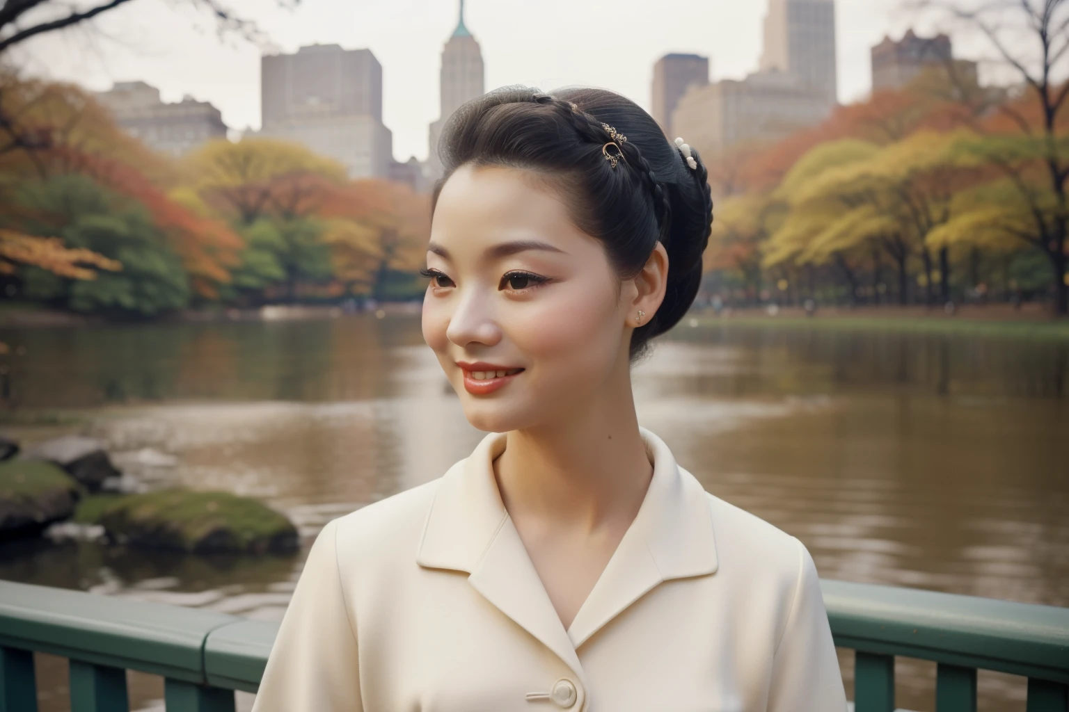 New York, USA, 1956. A young ((((36-year-old)) Sayuri)), strikingly beautiful, delicate facial features, porcelain skin, expressive eyes, in central park, ((shy smile)), ((((clothings from the 1950s)))), ((hairstyle of the 1950s)), colorful