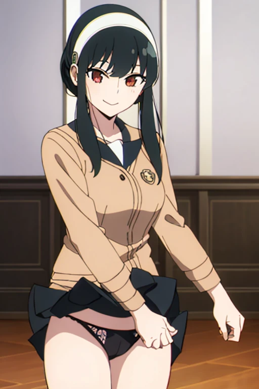 (masterpiece, highest quality: 1.2), alone, 1 girl, alone, panties,,black,Sailor suit,blazer,your heather, smile, Mouth closed, View audience, Long black hair, head band, Earrings, Big Breasts, Medium Waist, Medium Hips, wide thighs, Embarrassing, charm, smiling with her Mouth closed, Good move..., Excellent anatomy,panties,classroom,,Sailor suit,blazer,skirt, (((skirtめくり, I can see your pants))),