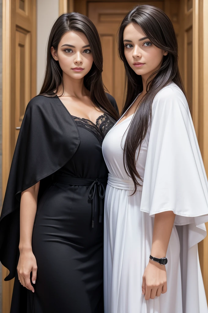 mother and daughter, 30,, perfect face, detailed face, blue eyes, europeans, curvys, casual, detailed face, sexy, curvy, tall, white and black, dress with cape