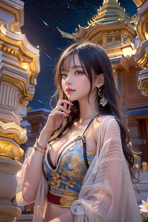 (best quality,4k,8k,highres,masterpiece:1.2),ultra-detailed,(realistic,photorealistic,photo-realistic:1.37),Gypsy dress,small breasts,beautiful detailed eyes,beautiful detailed lips,extremely detailed eyes and face,long eyelashes,wavy hair flowing,undulating curves,subtle makeup,luminous skin,slender figure,graceful posture,colorful floral background,colorful ribbons,ethereal atmosphere,gentle sunlight,playful expression,elegant movements,romantic ambiance,soft breeze,harmonious composition,elegantly dangling earrings,vibrant colors,pastel palette,delicate ornaments,bokeh lighting