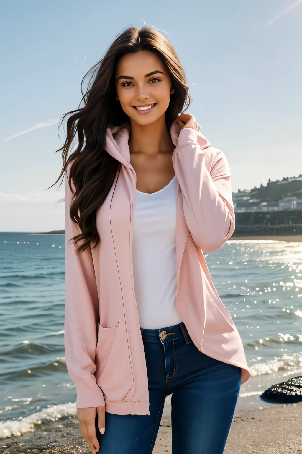 A beautiful brunette with long, wavy hair cascades down her shoulders, framing her perfectly symmetrical face. She stands before the calming backdrop of the seaside, the sun casting a warm, golden glow over her figure. Clad in a pink hooded jacket, the sleeves are pushed up, revealing her slender, toned arms and the hint of her perfect hands. The black jeans she wears cling to her perfect body, accentuating her curves and her long, shapely legs. Her perfect smile beams radiantly, lighting up her features as the gentle sea breeze caresses her cheeks, swaying her long locks back and forth. The soft sound of crashing waves