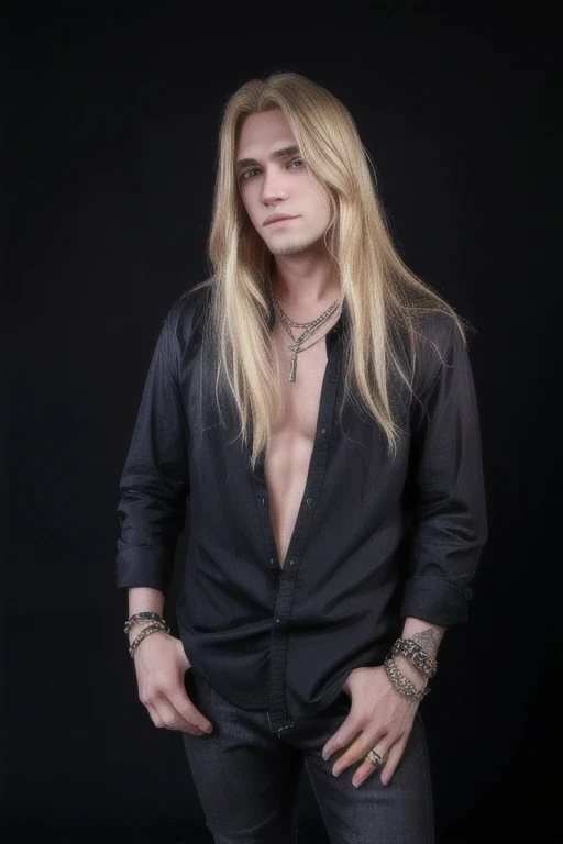 Heavy metasl singer, blond long hair, black shirt oped 