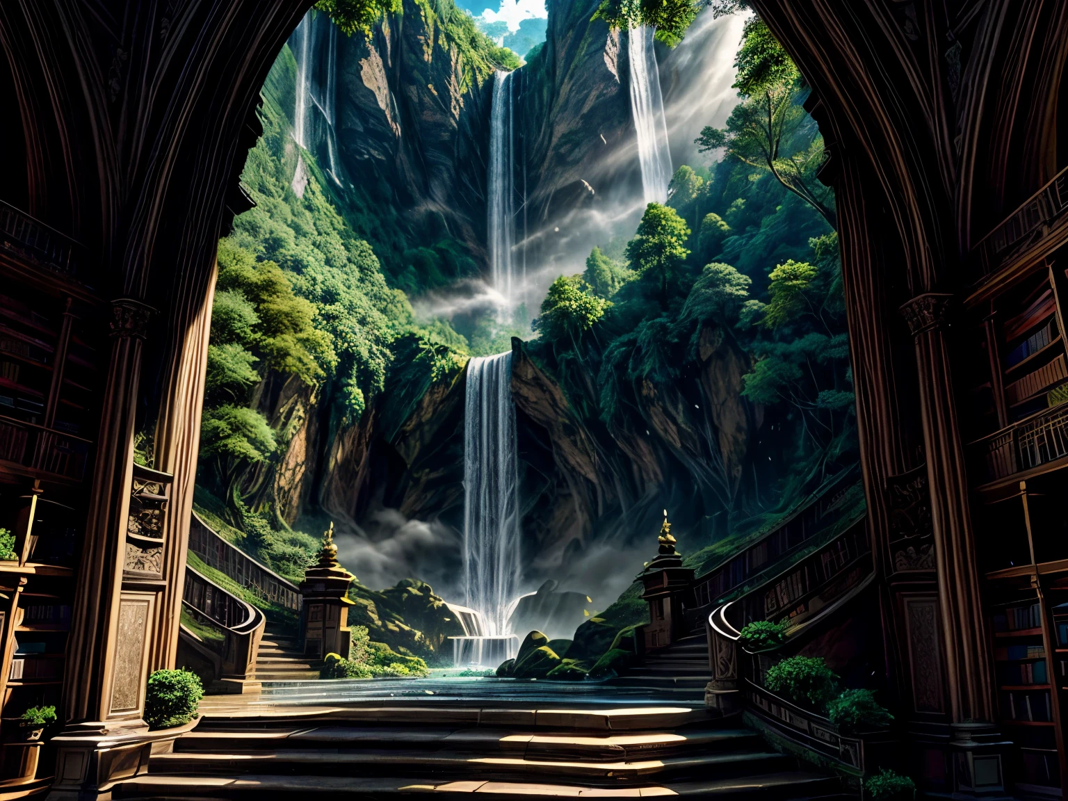 higher, imagination, (realistic), best quality, masterpiece, Realistic Detail, Depth of field, 8k, Full HD, 3d, Super resolution, arafed view of a waterfall in a library with bookshelves, vast library, fancy library, books cave, library background, an eternal library, ancient library, grand library, magical environment, epic rivendell fantasy, an endless waterfall, background = library, gothic epic library, castle library