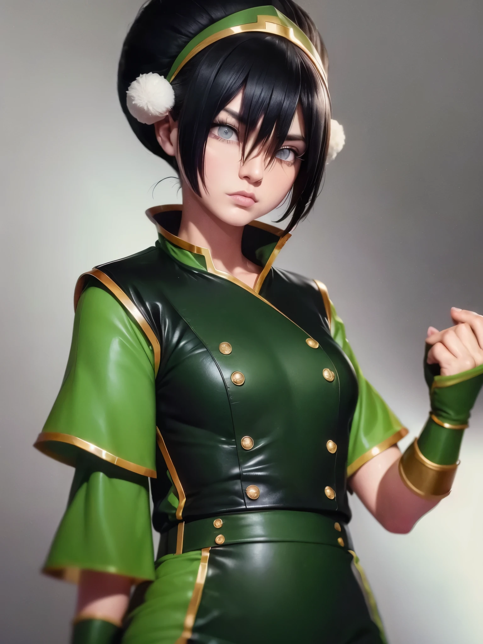 (melhor qualidade, 4k, 8k, high resolution, obra-prima: 1.2), ultra-detalhado, realista: 1.37, toph beifong, dobra de terra, lindos olhos detalhados, beautiful detailed lips, longos cabelos negros, pulseira para dobrar areia, cego, 