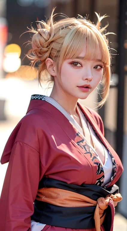 samurai girl, adorable, cleavage, orange and black kimono, sakura tree, blonde hair, detailed face