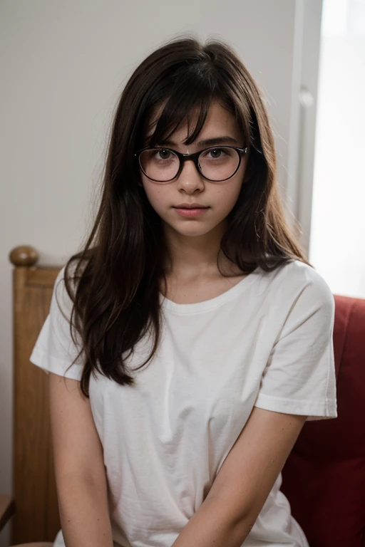 13 year old girl with straight black hair wearing round glasses without glass