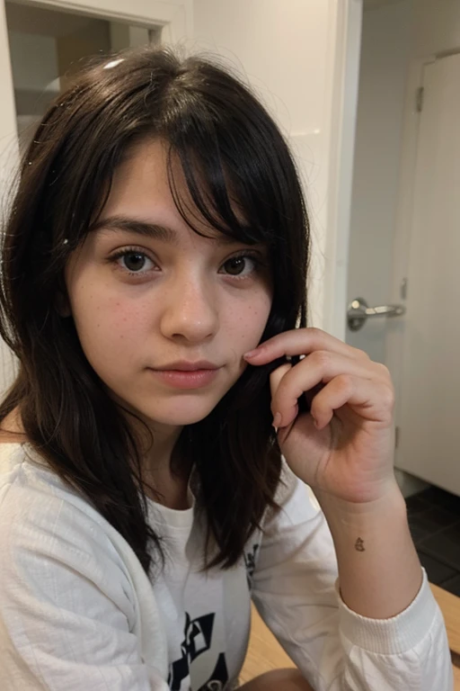 Cute photos of Jortega at home, Solo, Eyes are gray, grey eyes、Very long hairstyle in black, Big breasts, Facing Camera, in a house, Photo Shot, Shot with Panavision Panaflex Platinum camera equipped with Panavision Primo Prime spherical lens 75mm T1.9