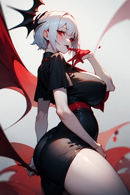 Female, vampire, black dress,sexy body, huge breasts and huge ass, thicc thighs, short white hair with red dye on the tips of my hair, red eyes,has a forked tounge, net leggings,pale skin, Gothicc
