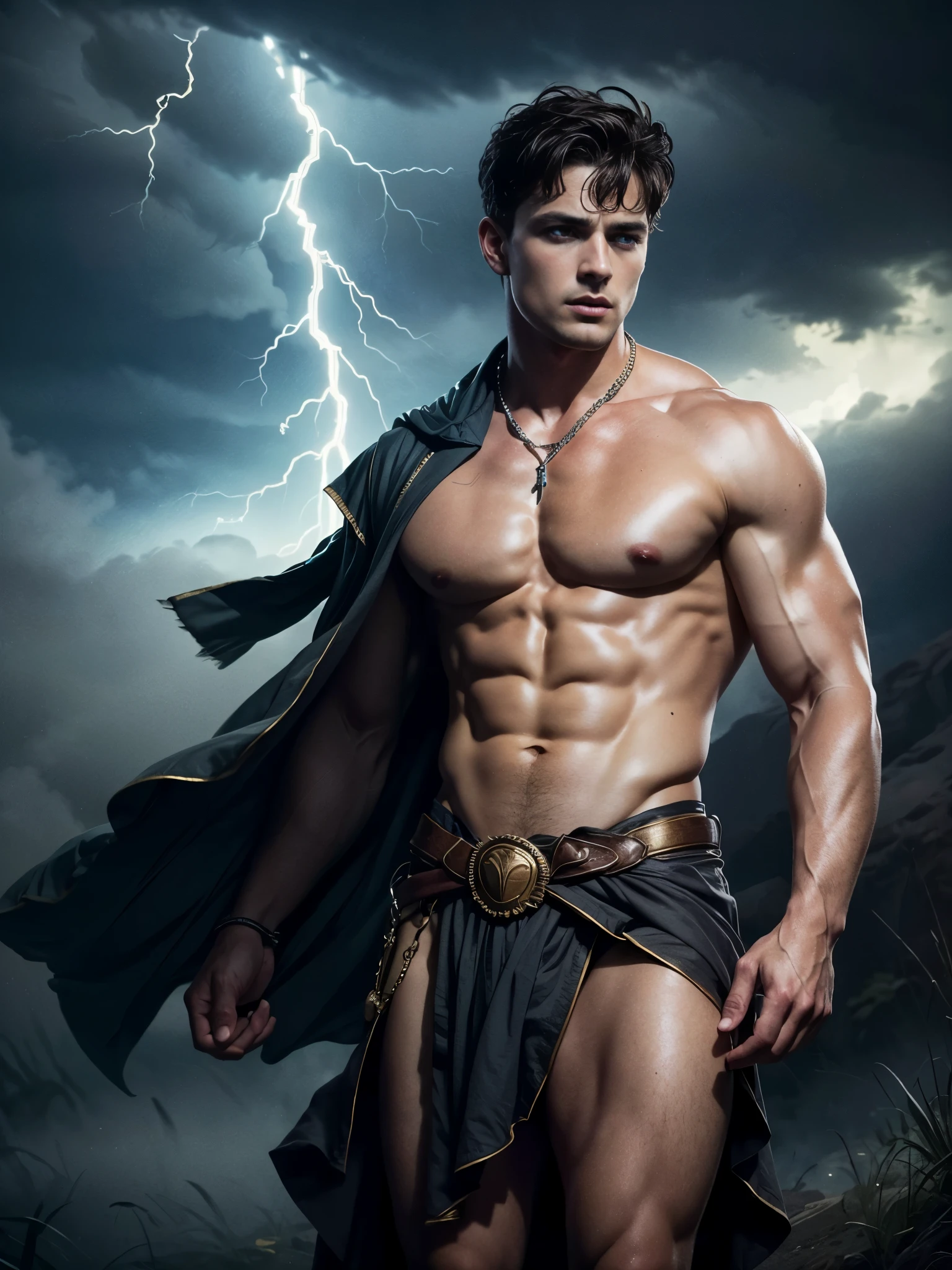 ((masterpiece)),((best quality)),8k, high detailed, ultra-detailed, Stylish Pose, real skin texture, dark cinematic lighting, 24 year-old Italian male model, handsome italian, cute looking, divine look, powerful light blue eyes, Zeus god, god of thunder, Jupiter, godly, , bending electricity, displaying the ability to manipulate lightning, creating massive lightning, white pale skin, roman god physic, intense blue eyes, dry hair dry short brown messy hair, strong jawline, masculine, muscular, defined fit body, hairless chest, shirtless, pantless, open sea, sinister aesthetic, black storm clouds, arm bracelet, lightning, clouds, thunder, walking towards the camera, (isolated:1.4), in the middle of nowhere, (tule fog:1.4), (in the middlea thick fog:1.3), night dark storm, barelegged, barefoot, antique linen spartan loincloth , white linen antique draped cloth skirt, golden chain in roman skirt,,,, dim light, dark atmosphere, cinematic lighting, Depth of field, award-winning photography, elegant, hyperrealistic, octane render, unreal, high definition, 8k resolution, highly detailed, 8k uhd, professional lighting, photon mapping, radiosity, physically-based rendering