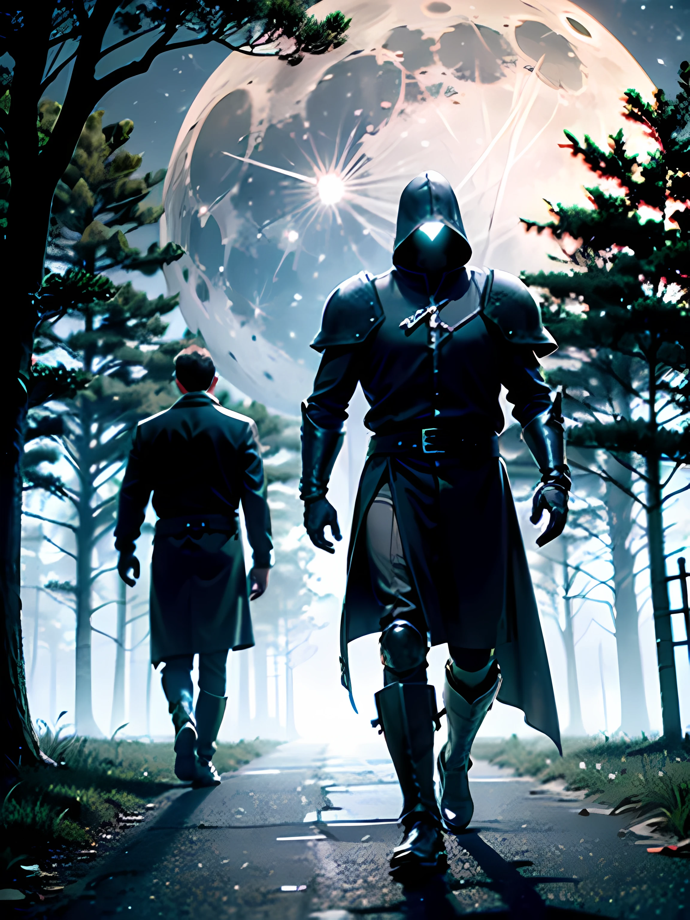 Best quality,4k,8K,a high resolution,masterpiece:1.2,ultra detailed,realistic:1.37,Man,Walking alone,To the moon,on the battlefield,In the woods,Moonlight night,Lush greenery,Majestic trees,Shadows and silhouettes,foggy atmosphere,hauntingly beautiful,ominous atmosphere,dark clouds,remnants of the war,Faint starlight,Cracked Ground,remnants of destruction,solemn expression,decisive step,Heavy armor,Torn clothes,moonlight reflects off the armor,whisper of the wind,mysterious figures, lurking in the shadows,secrets of the past,peaceful, but creepy,The contrast of light and darkness,Brooding mood,dark and brooding color palette,subtle shades of red and blue,ethereal glow,Mystical Energy,Breathtaking beauty