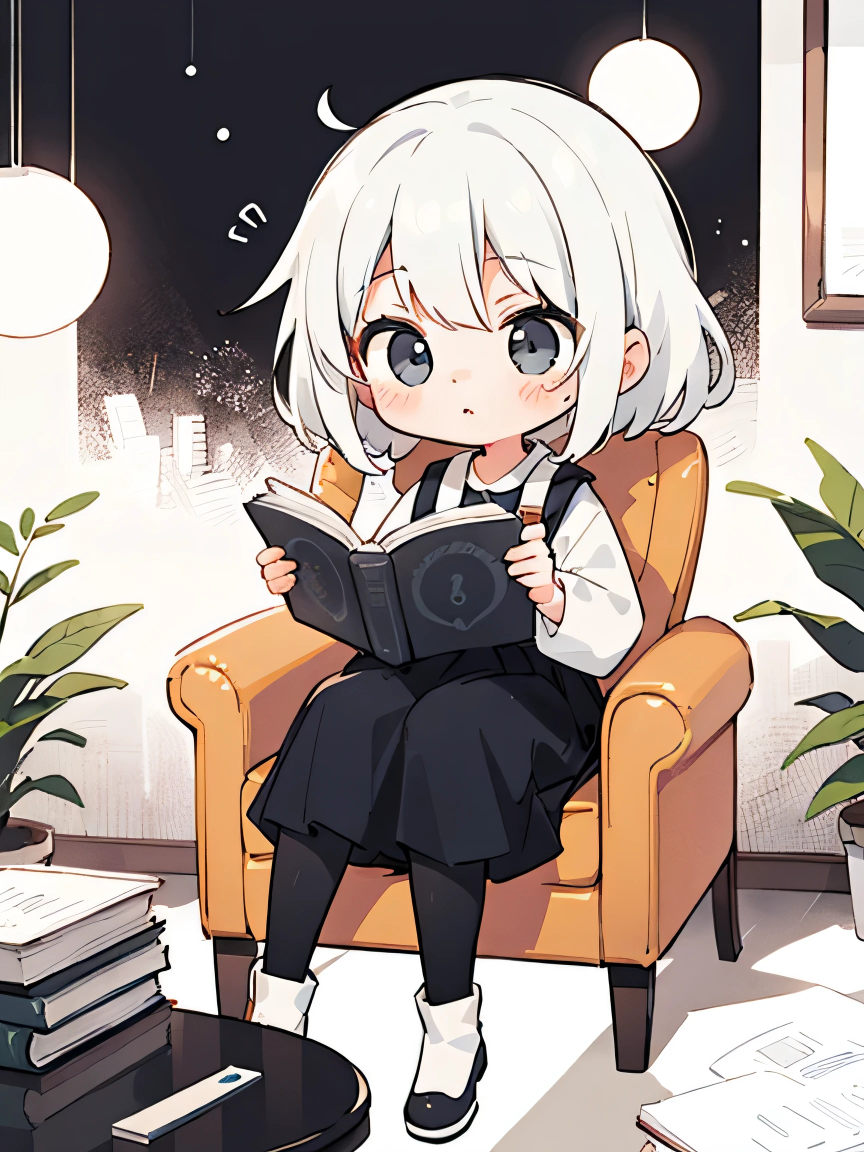 ((Black and white picture)) ((girl sitting reading a book in a chair)) Kawaii Design, seal, The Most Beautiful Girl in the World, chibi, White hair, a lot of details
