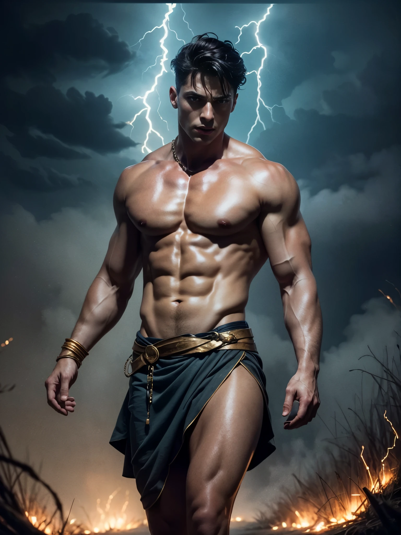 ((masterpiece)),((best quality)),8k, high detailed, ultra-detailed, Stylish Pose, real skin texture, dark cinematic lighting, 24 year-old Italian male model, handsome italian, cute looking, divine look, powerful light blue eyes, Zeus god, god of thunder, Jupiter, godly, , bending electricity, displaying the ability to manipulate lightning, creating massive lightning, white pale skin, roman god physic, intense blue eyes, dry hair dry short brown messy hair, strong jawline, masculine, muscular, defined fit body, hairless chest, shirtless, pantless, open sea, sinister aesthetic, black storm clouds, arm bracelet, lightning, clouds, thunder, walking towards the camera, (isolated:1.4), in the middle of nowhere, (tule fog:1.4), (in the middlea thick fog:1.3), night dark storm, barelegged, barefoot, antique linen spartan loincloth , white linen antique draped cloth skirt, golden chain in roman skirt,,,, dim light, dark atmosphere, cinematic lighting, Depth of field, award-winning photography, elegant, hyperrealistic, octane render, unreal, high definition, 8k resolution, highly detailed, 8k uhd, professional lighting, photon mapping, radiosity, physically-based rendering
